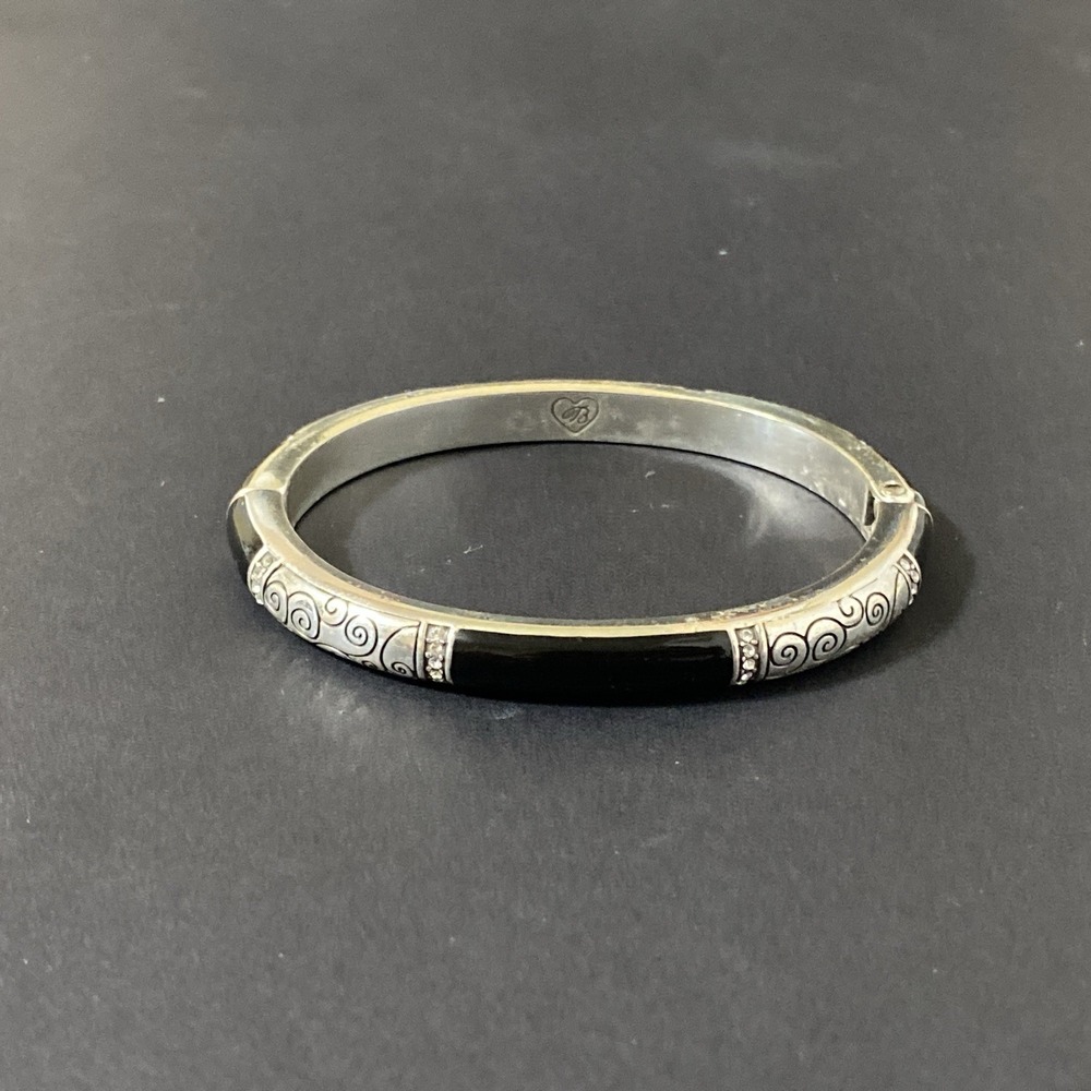 Brighton Wiltern Hinged Bangle Silver Black Enamel Rhinestone Floral Bracelet